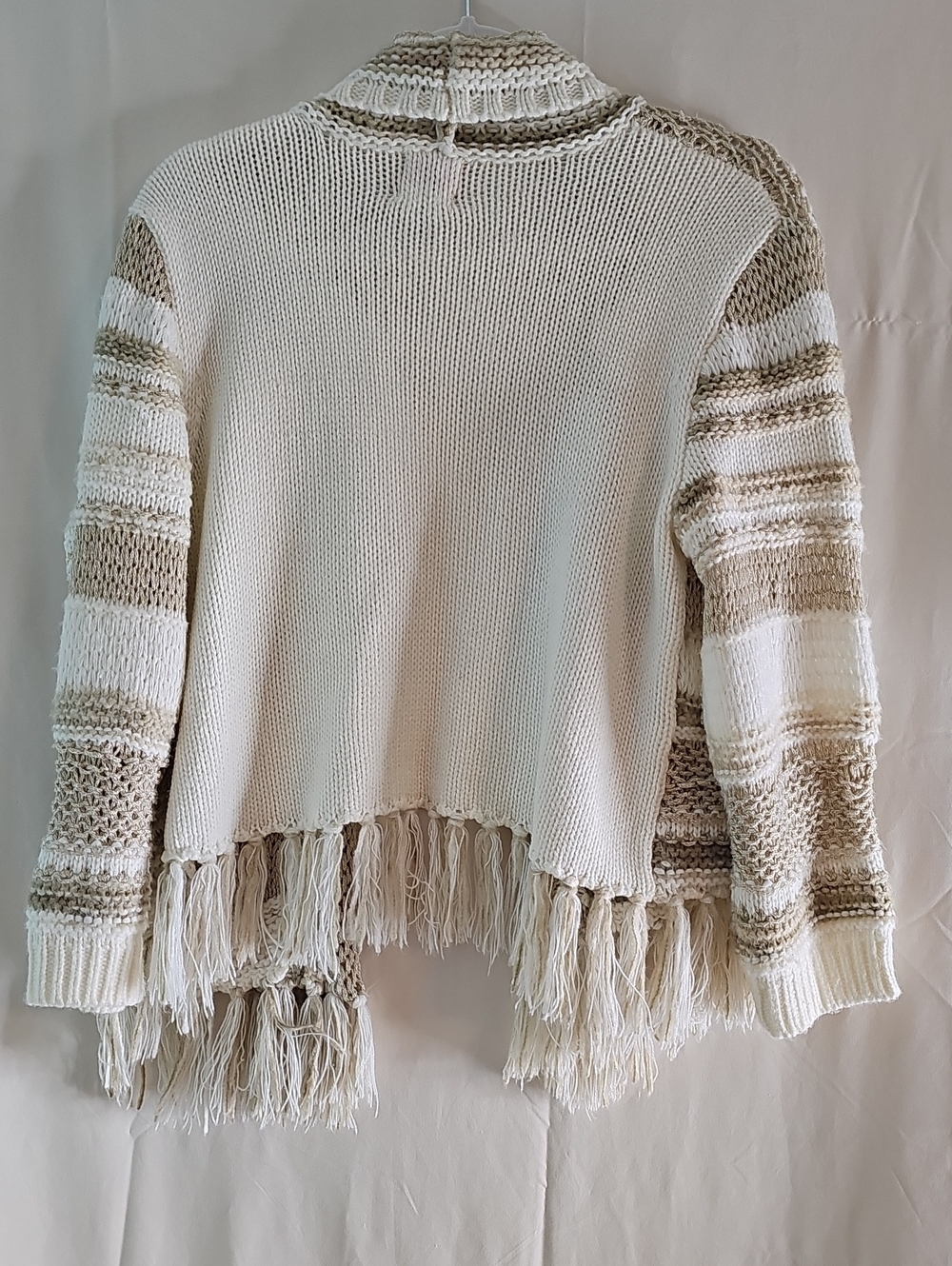 Ruby Rd. Cream and Tan Striped Open-Front Fringe Cardigan - Picture 5 of 6